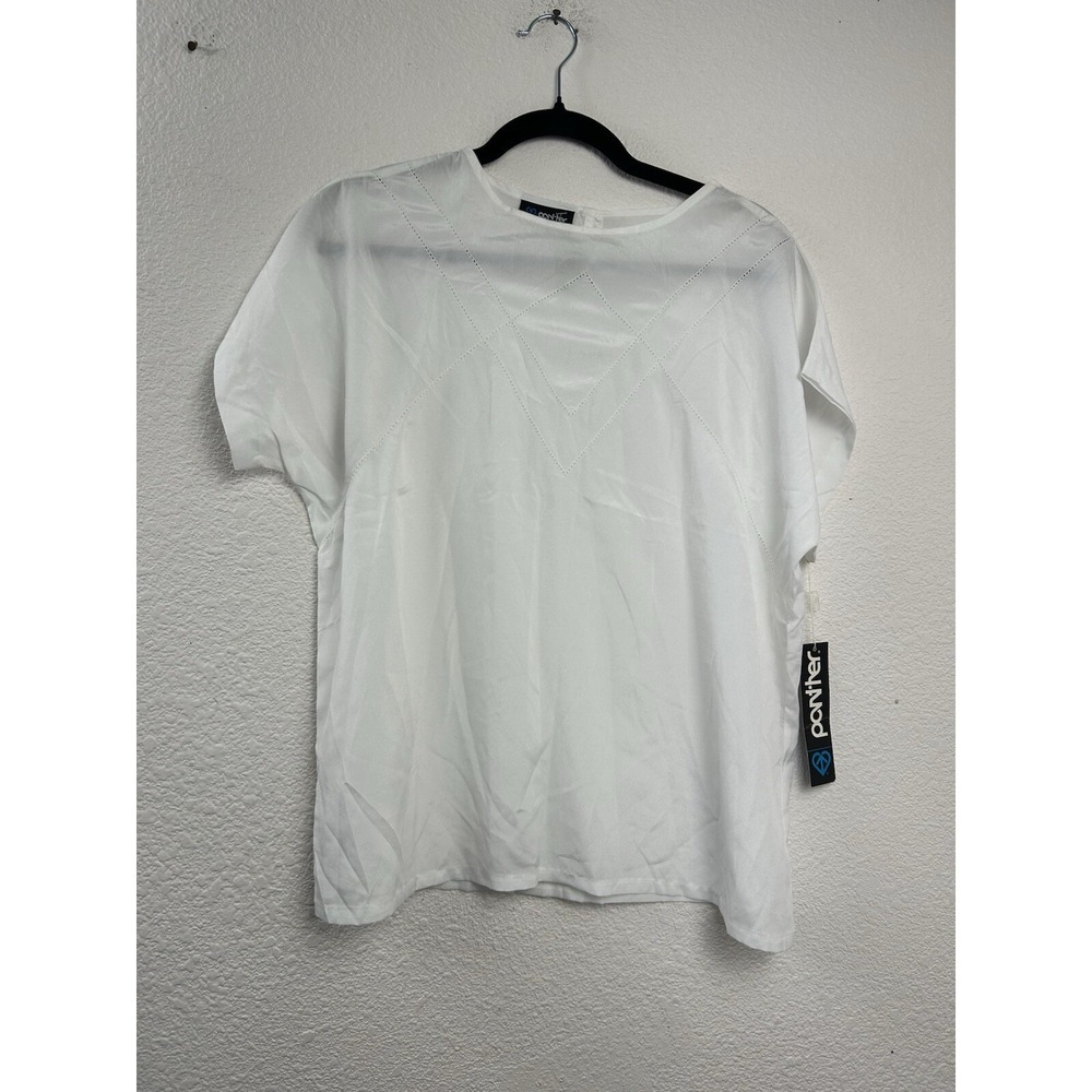 Vintage Panther Womans Size 13/14 White Back Button‎ Blouse Sheer Short Sleeve